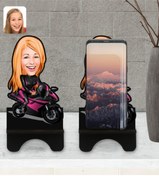 Resim Bk Gift Kişiye Özel Kadın Motorcu Karikatürlü Ahşap Biblo Telefon Standı-1 