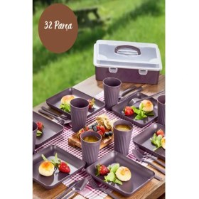 Resim 32 Parça Mürdüm Piknik Seti Premium Kalite Piknik Mangal Seti Tabak, Bıçak, Çatal, Kaşık, Bardak Set 