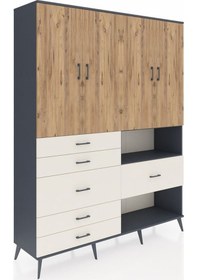 Resim Hyperion Gardrop 7 Raflı 6 Çekmeceli 4 Kapaklı 176x44x221 Antrasit-çam/aytaşı Çam/aytaşı 