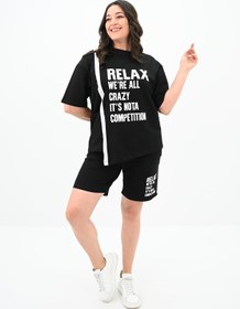 Resim Kadın Yazı Baskılı Büyük Beden Şortlu Takım 3796-23 - 6XL / Bej 