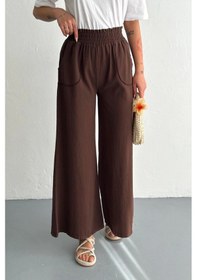Resim Kadın Bel Lastikli Cepli Bol Paça Koton Kahve Pantolon Kahve 