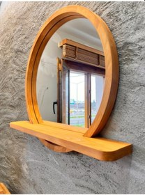 Resim 80x80 Cm Raflı Masif Kayın Ağacı Yuvarlak Ayna İskandinav Tarzı Antre Ve Banyo Aynası Kayın Ahşap 