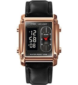 Resim Skmeı 1868 Kare Çift Ekran Su Geçirmez Erkek Saati, Stil: Deri Kemer Gül Altın Kahverengi Kahverengi 