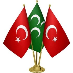 Resim Masa Üstü Yeşil Üç Hilal Bayrağı Türk Bayrağı Üçlü Pirinç Direk M 