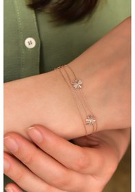 Resim Papatya Silver 925 Ayar Gümüş Rose Kaplama Üç Yonca Kristal Kesim Üç Zincir Bileklik 