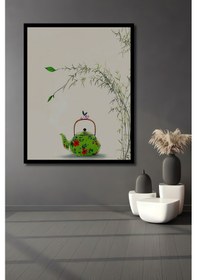 Resim Yeşil Çiçekli Bambu Demlik Sulu Boya Görünümlü Ahşap Ev,antre,ofis,mutfak Tablo Çerçeve Görünümlü-15233 - 30 X 40 