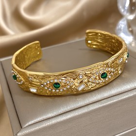 Resim 1 Adet Lüks Vintage Paslanmaz Çelik Açık Bilezik Taşlı - Bohem Altın Tonlu Manşet Takı Kadınlar & Erkekler için, Parti Bling Bling, Karnaval Tatil Yıl Boyu Giyim 