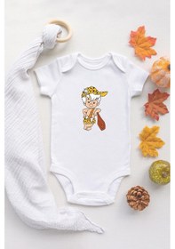 Resim Tuğba Baby The Flintstones Bam Bam Organik Baskılı Bebek Body %100 Pamuklu Ekru Çıtçıtlı Badi Zıbın Beyaz 