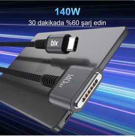 Resim Bix Bxm3c 140w Type-c To Magsafe 3 Macbook Pro Ve Macbook Air 13,14,16, M1 M2 Uyumlu Manyetik Örgülü Şarj Kablosu 2 Metre 