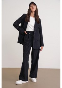 Resim Mixray 4753 Kadın Çizgili Oversize Blazer Ceket Lacivert 