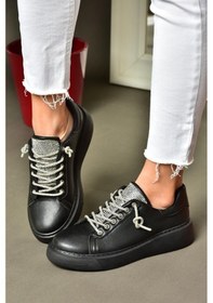 Resim Fox Shoes P602001709 Siyah Taşlı Bağcıklı Kadın Spor Ayakkabı Sneakers Siyah-suni Deri 