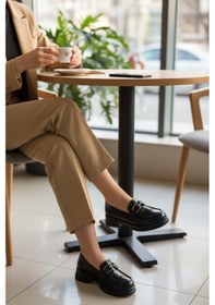 Resim Noch Kadın Antik Gümüş Köprü Tokalı Pürüzsüz Deri Dokulu Comfort Loafer Sıyah Cılt 