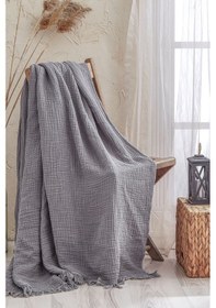 Resim Gri 4 Katlı Müslin %100 Pamuklu Pike - Yatak Örtüsü - Tv Battaniy Gri 