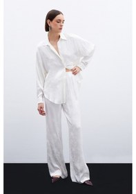 Resim Sateen Jakarlı Saten Pantolon - Ekru-136050 Ekru 