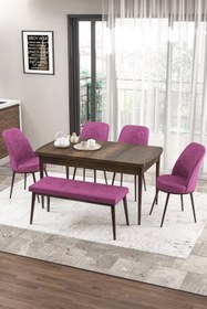 Resim Canisa Zen Serisi 80x132 Mdf Açılabilir Barok Ahşap Desen Masa Takımı 4 Mor Sandalye Ve 1 Bench 