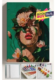 Resim Sayılarla Boyama Seti Numaralı Tuval Fırça Boya Dahil Kasnaklı Set 50x70 Cm - Yeşil Çiçek Kadın 