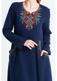 Resim Eliş Şile Bezi Uzun Kol Şile Bezi Nakışlı Antik Uzun Tesettür Otantik Elbise Lacivert Lcvt Lacivert 