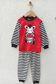 Resim Unisex Çocuk Kırmızı Zebra Desenli Pijama Takımı 