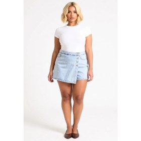 Resim Benerly Kadın Büyük Beden Şort Etek Yüksek Bel Kruvaze Düğme Detaylı Lastikli Non Stretch Denim 