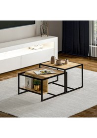 Resim Batı 2 Li Modern Orta Sehpa Takımı Metal Ayaklı, Alt Raflı Safir Meşe 