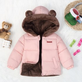 Resim Çocuklar Eden 0-3 Yaş Kızlar İçin Sevimli Ayı Kapüşonlu Kışlık Mont, Kulaklı, Yumuşak Pembe & Kahverengi Detaylı, Dolgulu Yalıtım, Ön Fermuarlı, Sadece Elde Yıkanır, Bebek Kız Kış Kıyafetleri, Soğuk Hava İçin 