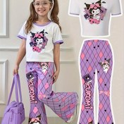 Resim Sanrio Ku'luo'm Kızlar için Fiyonk Baskılı Yuvarlak Yaka Tişört + Dar Kesim Geniş Paça Pantolon İki Parça Takım, Açık Hava İçin Mükemmel 