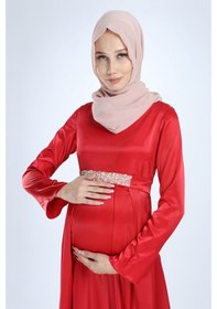 Resim Moda Labio Modalabio Saten Tesettür Incili Kırmızı Hamile Elbise 