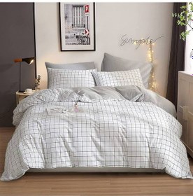 Resim Çift Kişilik Ekose Desen Yorgan Kılıfı 2 Adet Yastık Kılıfı Beyaz 