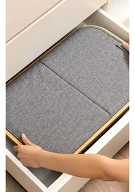 Resim Bambu Çerçeveli 150 Litre Kapaklı Katlanabilir Çamaşır Sepeti, 2 Bölmeli Kirli Sepeti 70 X 57 X 37 Gri 