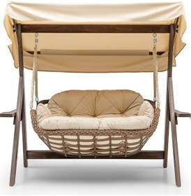Resim Bafra Swing Ahşap Rattan Salıncak Dış Mekan Bahçe Balkon Ve Teras Salıncağı Bej 