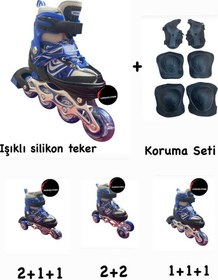 Resim Toprockstore Işıklı Çocuk Pateni Ayarlanılabilir Alıştırma Silikon Tekerli Frenli Metal Gövdeli Paten Dizlik Set 38-41 