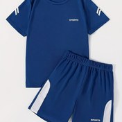 Resim 2 Adet Erkek Çocuk Spor Hızlı Kuruyan Nefes Alabilen Basketbol Futbol Günlük Poliester Crew Neck Kısa Kollu Kazak ve Şort Takımı, Mavi ve Beyaz Renk Blok Deseni, Elastik Kumaşlı, Günlük Dış Mekan Giyim İçin, Dış Mekan İçin 
