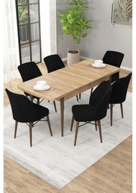 Resim Arel Meşe 80x132 Açılabilir Mdf Masa Yemek Odası Takımı, Mutfak Takımı 6 Adet Sandalye Meşe Masa - 6 Siyah - Meşe Ayak 