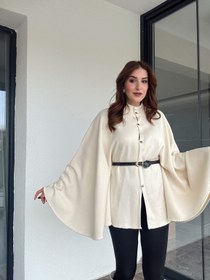 Resim Kemerli düğmeli panço-LATTE - STD 
