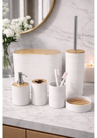 Resim Makri Home 6 Parça Beyaz Banyo Seti, Bambu Detaylı, 8l Çöp Kovası 24x26x16 Cm 