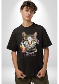 Resim Red Cloud Kedi Hintli Pamuklu Bisiklet Yaka Unisex Oversize Boyfriend Dijital Baskılı Siyah T-shirt Siyah 