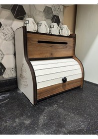 Resim New Bread Box-yeni Ekmeklik, Havlu Peçetelik Saklama Gözlü , Baharatlık Rafı, Dekoratif Yazılı Ceviz 