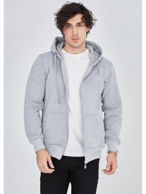 Resim Barlashive Erkek 3 İplik Pamuklu Fermuarlı Kapüşonlu Kanguru Cepli Hoodie Hırka Sweatshirt - Gri Çok Renkli 