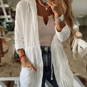 Resim Kadınlar için Şık Düz Renkli Kapüşonlu Kardigan Ceket İpli Detaylı - Uzun Kollu, İlkbahar/Yaz İçin Hafif Açık Ön Tasarım, Makinede Yıkanabilir, Bahçe Giyimi, Kapüşonlu Dış Giysi, Yarı Saydam Malzeme 