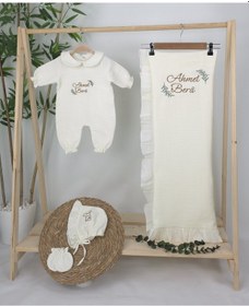 Resim Gros Shop Müslin Yeni Doğan 4katlı Organik %100pamuk Kişiye Özgü Nakışlı Hastane Çıkış Seti Dal Modell-2 Ekru-1 