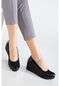 Resim Dilimler Ayakkabı Kadın Dolgu Topuk Ayakkabı Siyah Streç Ortopedik-3737 Siyah 