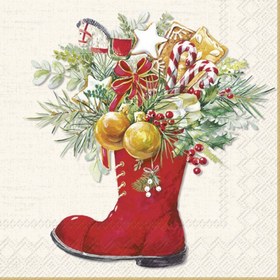 Resim Krem Kırmızı Yılbaşı Ayakkabı Desenli Yemek Peçetesi 