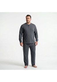 Resim Lacaton Erkek Büyük Beden Patlı Yaka Uzun Kol Pijama Takımı Açık Mavi 