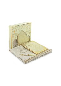 Resim Krem 50 Adet İsim Baskılı Deri Ciltli Orta Boy Yasin Kitabı Seccade Seti Mevlit Hediyesi 