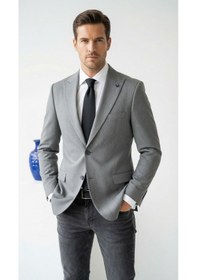 Resim Plus Scorpion Erkek Blazer Ceket Twill Puntolu Kırlangıç Yaka 2 Düğmeli Çift Yırtmaçlı Slim Fit Açık Gri 