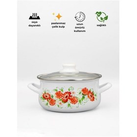 Resim 16cm Çiçek Desenli Tekli Cam Kapaklı Emaye Güveç Tencere Beyaz 