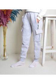 Resim KİDSPİTİRCİK Unisex Çocuk Gri Kargo Cepli 3ip Kalın Polarlı Eşofman Alt 