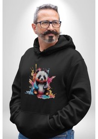 Resim Renkli Yavru Panda Kadın Erkek Siyah Kapüşonlu Sweatshirt Hoodie Siyah 