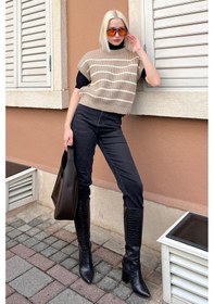 Resim Madmext Vizon Çizgili Triko Süveter Mg2159 Vizon 