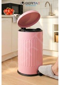 Resim Vintage Krem Çöp Kovası Amortisörlü Kapak Çizgili Lüks Model 16lt Pembe 